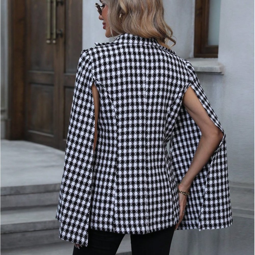 White & Black Preppy Houndstooth Print Cloak Sleeve Double Breasted Cape Blazer - Picture 2 of 5
